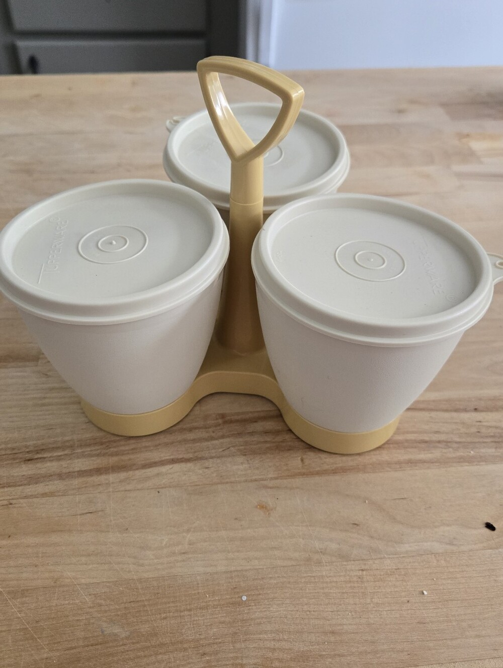 Vintage Tupperware condiment caddy,  featuring almond-colored cups. Gold Caddy
